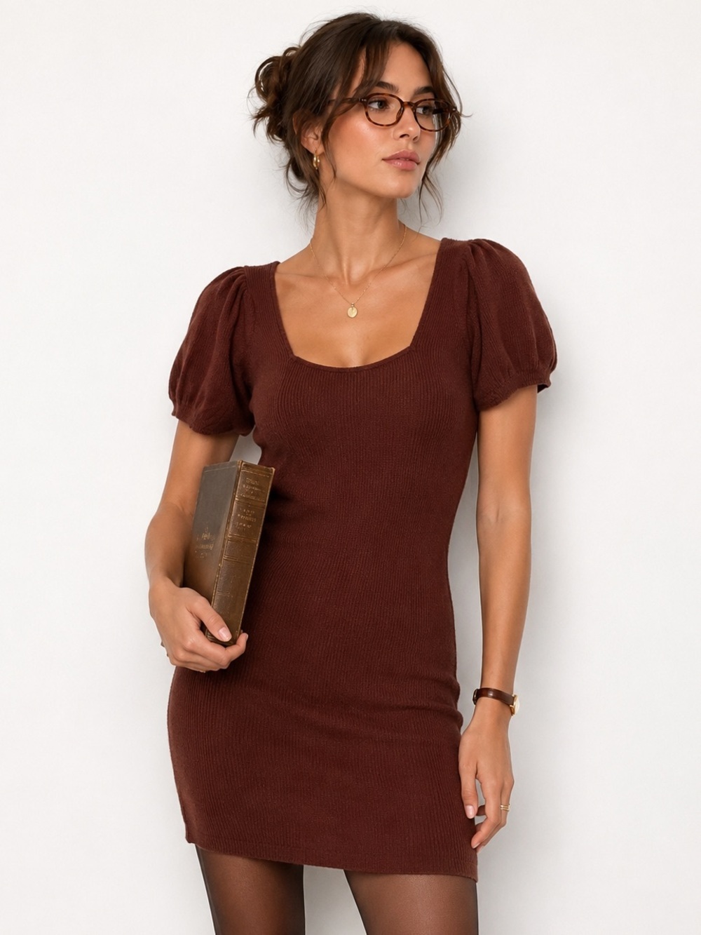 French Connection Dress Knit Mini Chocolate Brown Scoop Neck Sweater Sze XS‎ NWT